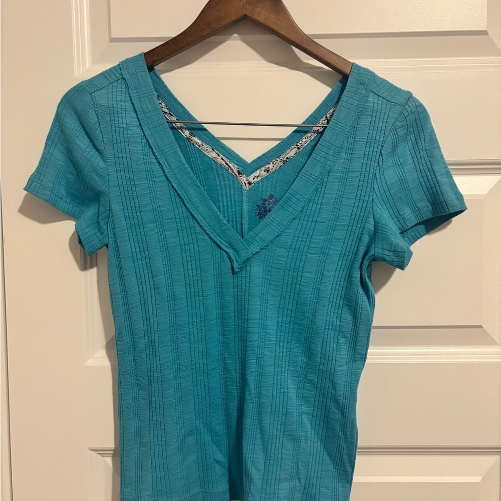 Pilcro Teal Ribbed V-Neck Short Sleeve Top